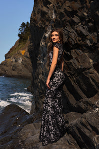 Black Lace Gown With Appliqué