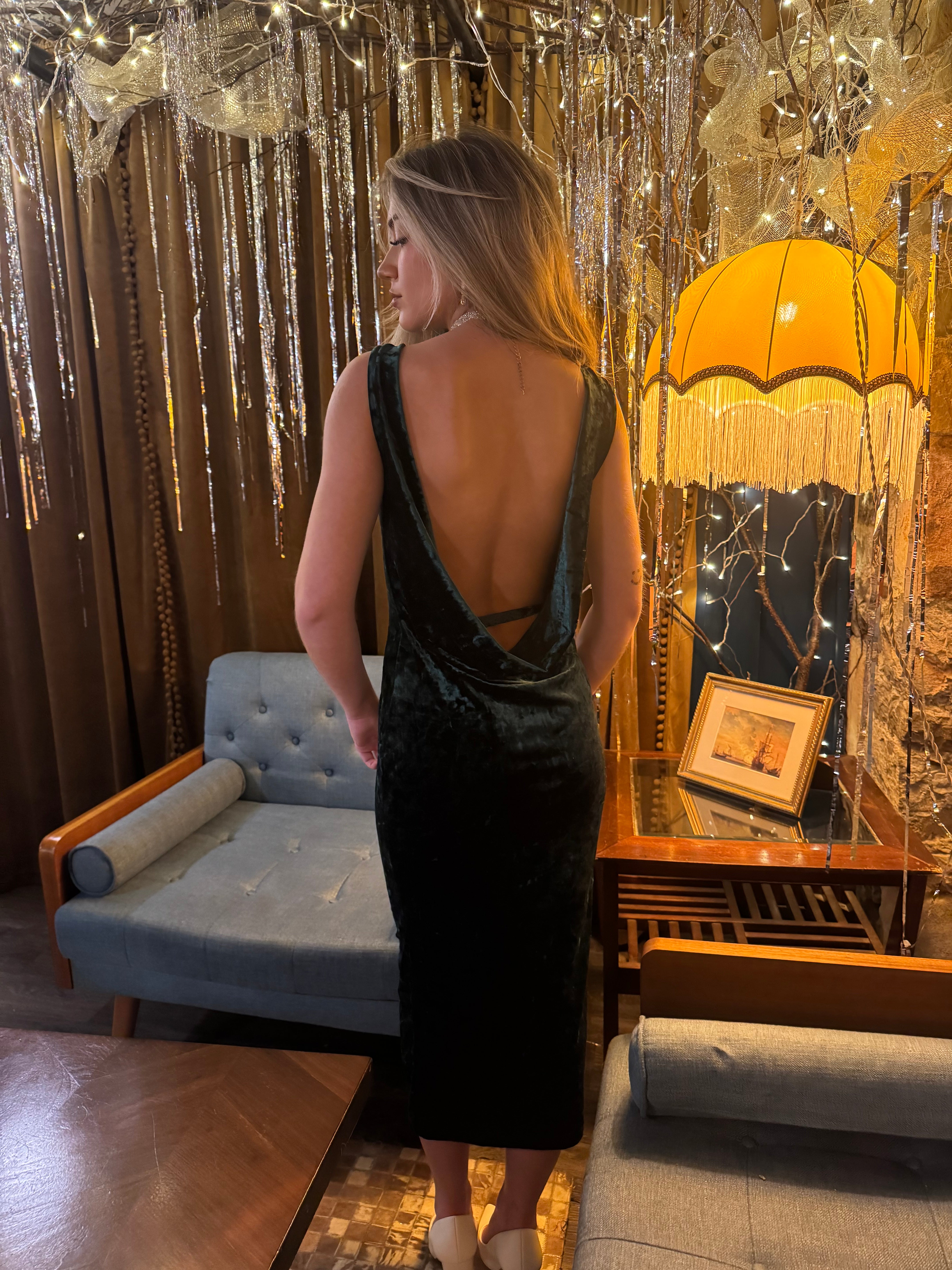 Emerald velvet cocktail dress