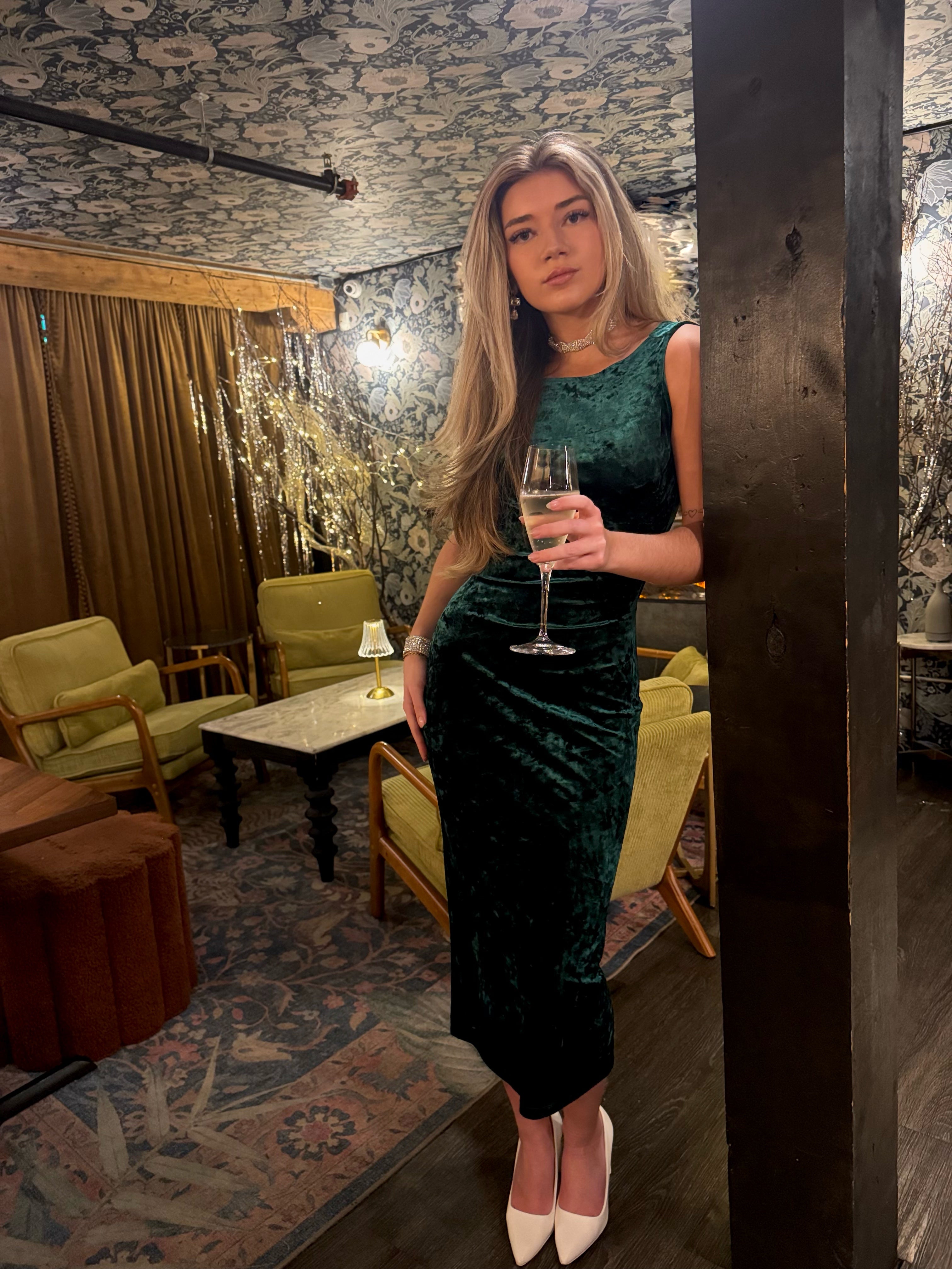 Emerald velvet cocktail dress