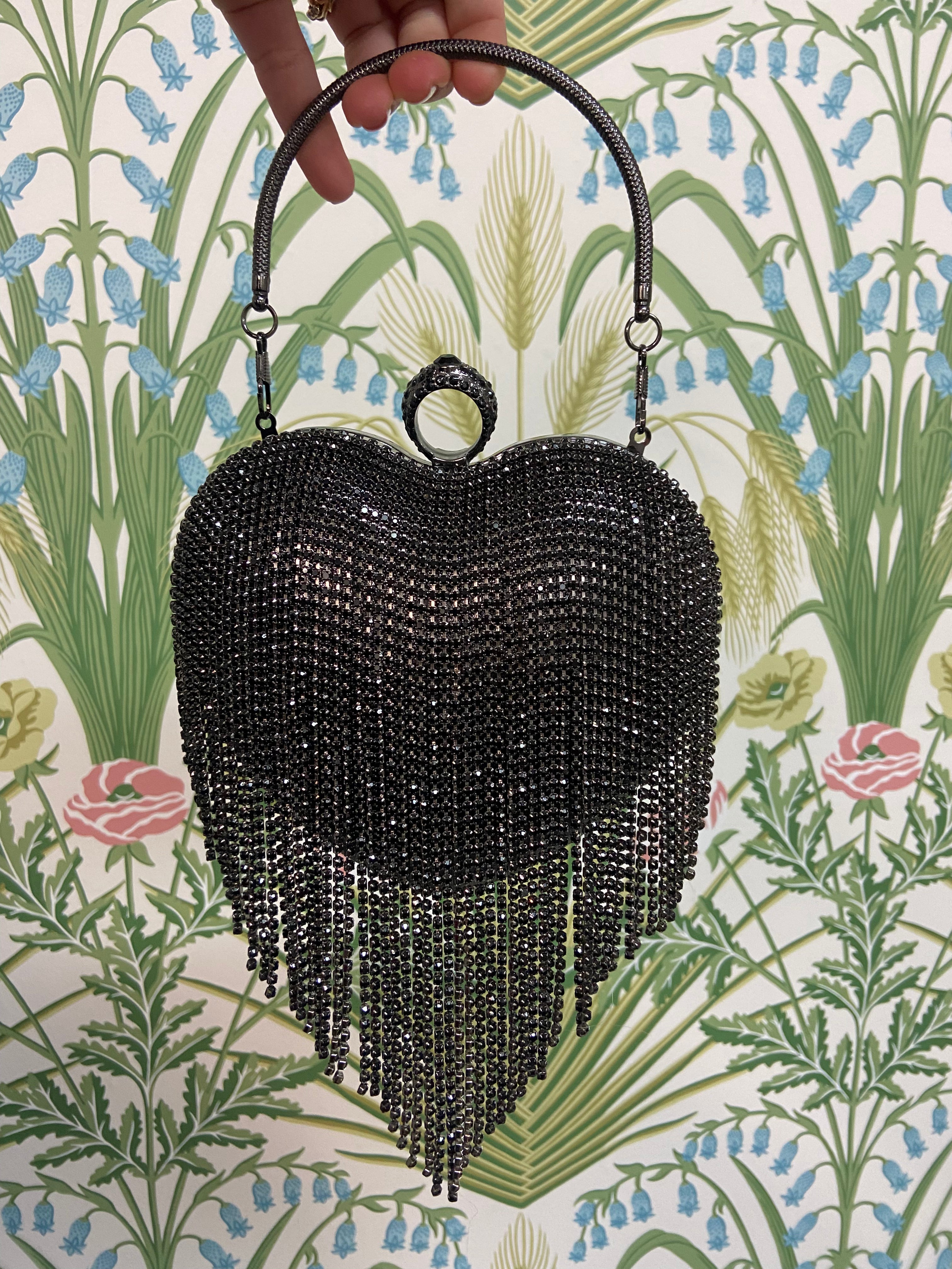 Heart Shaped Fringed Rhinestone Clutch