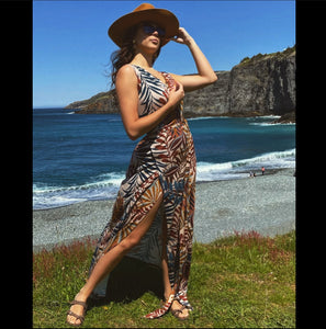 Blue and Brown Leaf Wrap Dress