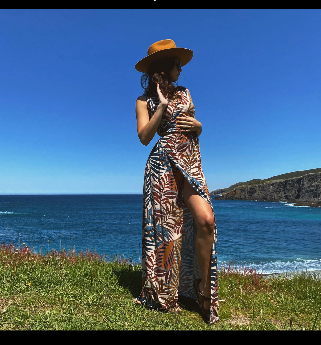 Blue and Brown Leaf Wrap Dress